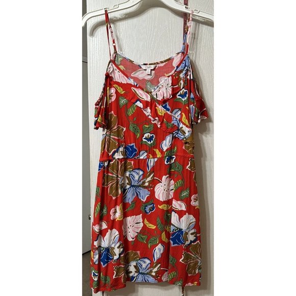 Candies Red Floral Cold Shoulder Dress With‎ Sash Belt Size Large, Pockets - Picture 1 of 7